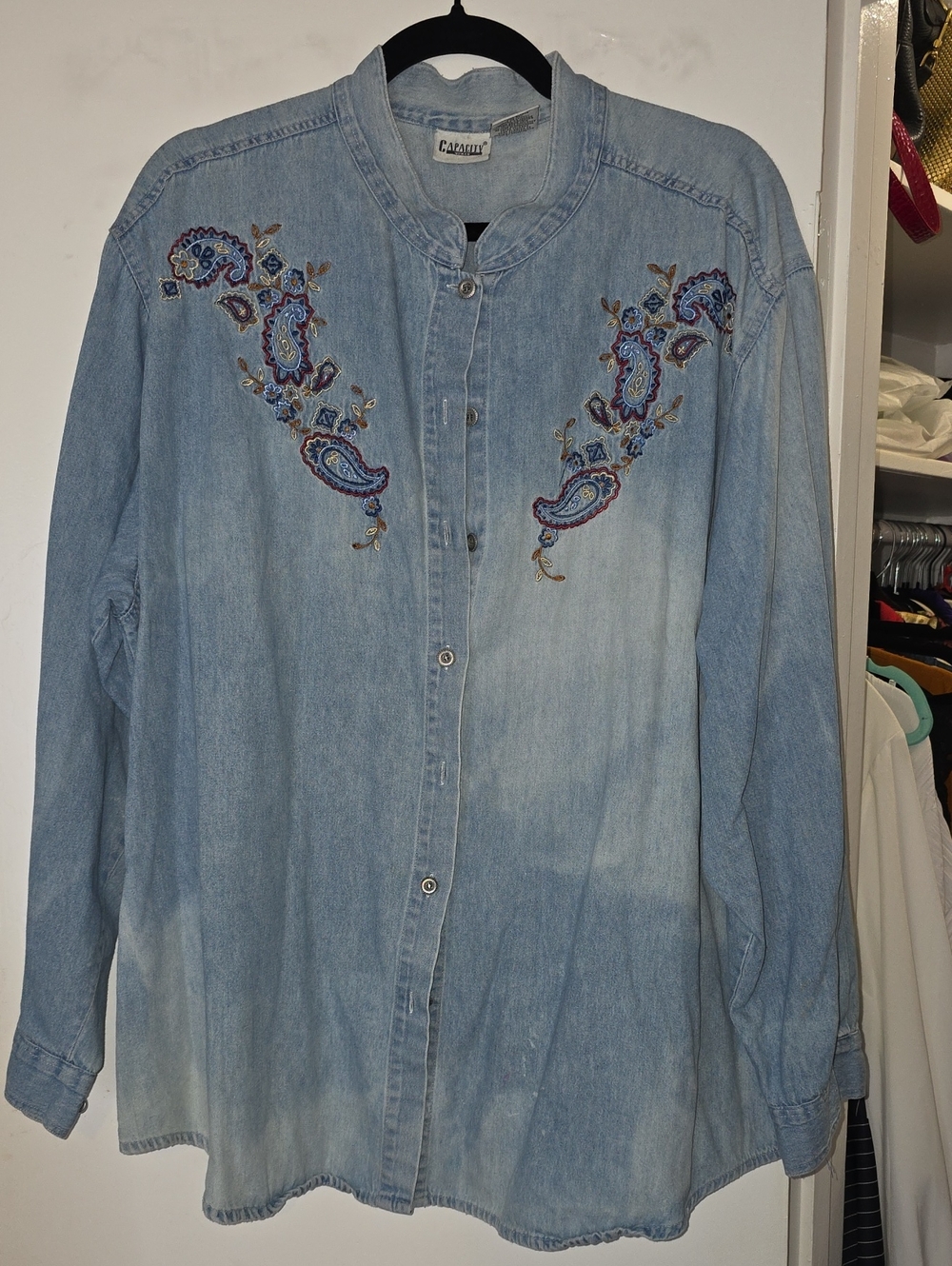 Light Blue Denim Button-Down Shirt with Paisley Embroidery